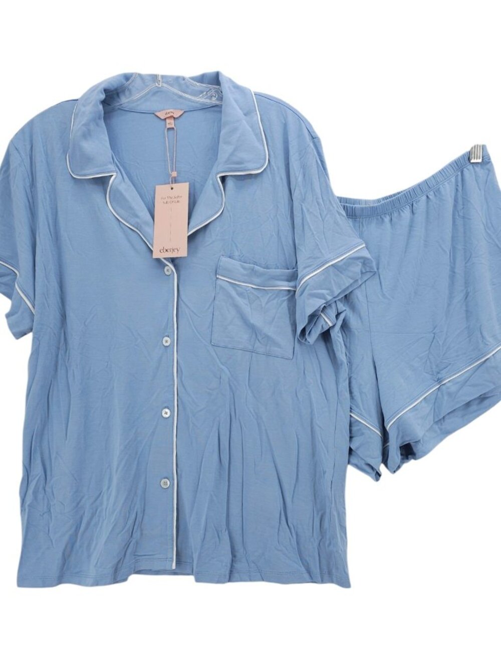NWT EBERJEY Gisele Relaxed Short PJ Set Wedgewood Blue Ivory Trim LARGE